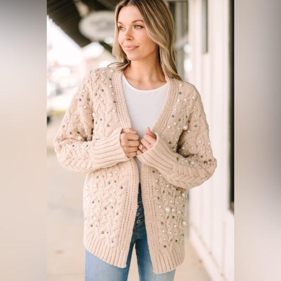 NWT Bibi Best Of Both Worlds Oatmeal Brown Embellished Cardigan - Picture 1 of 13